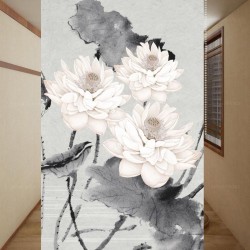 Panneau chinois fleurs zen - Les lotus et le poème, fond gris clair