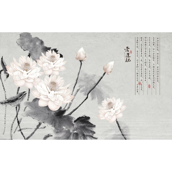 Panneau chinois fleurs zen - Les lotus et le poème, fond gris clair