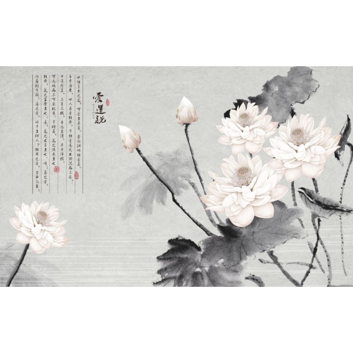 Panneau chinois fleurs zen - Les lotus et le poème, fond gris clair