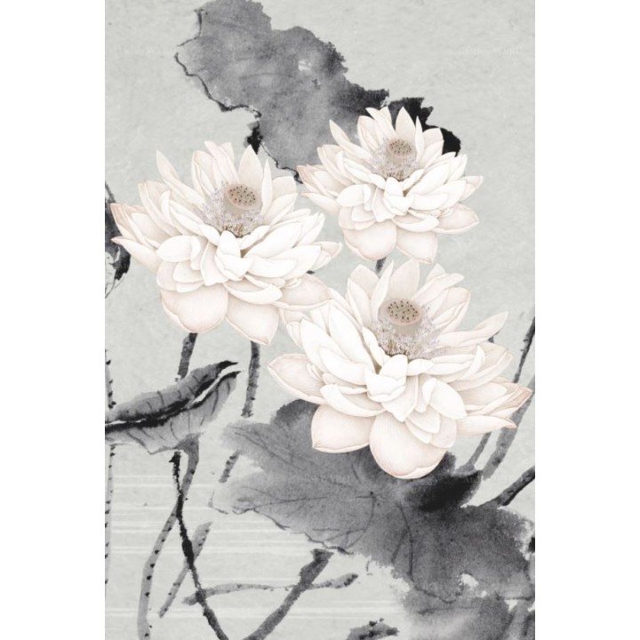Panneau chinois fleurs zen - Les lotus et le poème, fond gris clair