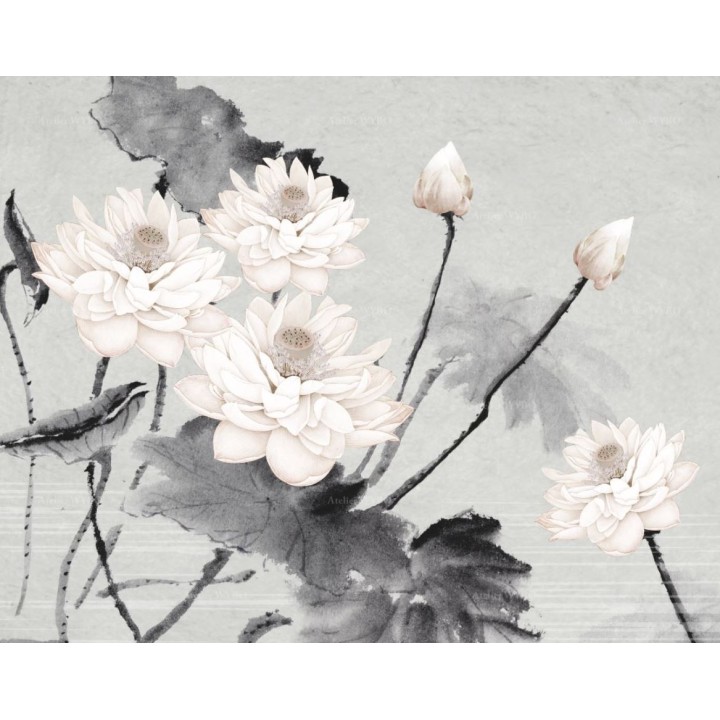 Panneau chinois fleurs zen - Les lotus et le poème, fond gris clair