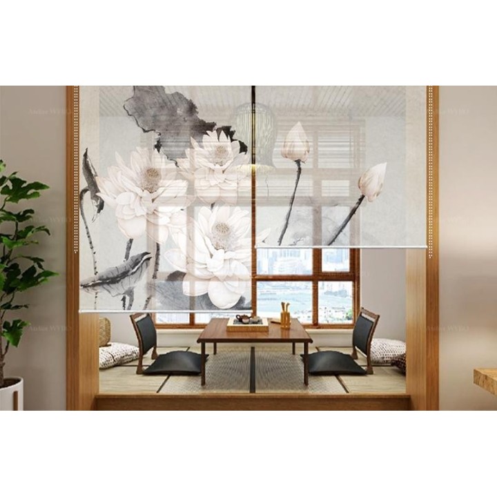 Panneau chinois fleurs zen - Les lotus et le poème, fond gris clair