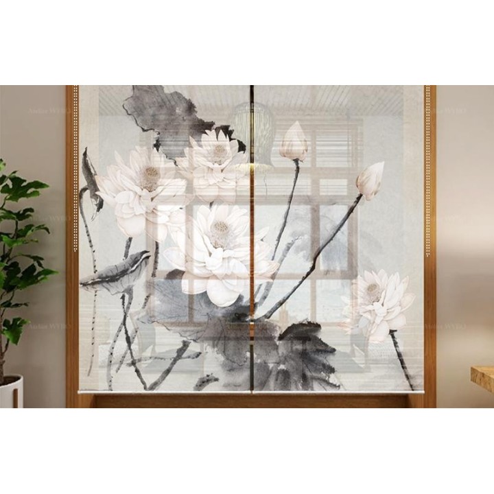 Panneau chinois fleurs zen - Les lotus et le poème, fond gris clair