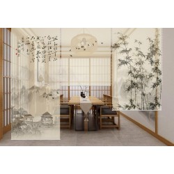 Toile enrouleur noir et blanc effet sépia - Paysage avec bambous, oiseaux et calligraphie