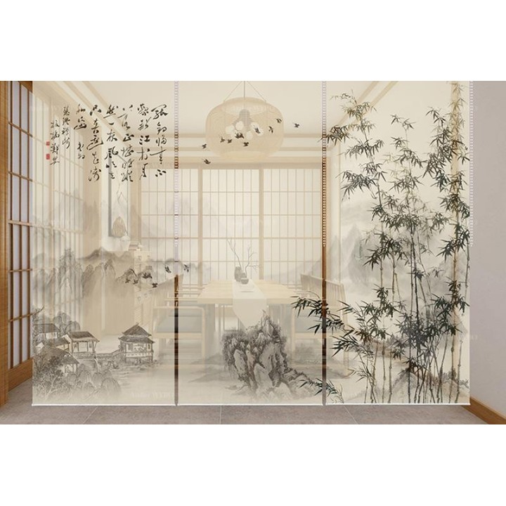 Toile enrouleur noir et blanc effet sépia - Paysage avec bambous, oiseaux et calligraphie