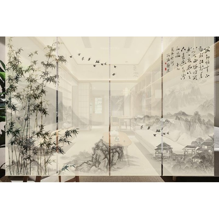 Toile enrouleur noir et blanc effet sépia - Paysage avec bambous, oiseaux et calligraphie