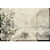 Toile enrouleur noir et blanc effet sépia - Paysage avec bambous, oiseaux et calligraphie