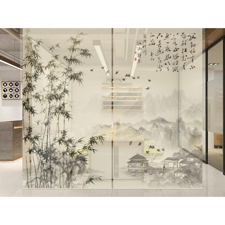 Toile enrouleur noir et blanc effet sépia - Paysage avec bambous, oiseaux et calligraphie