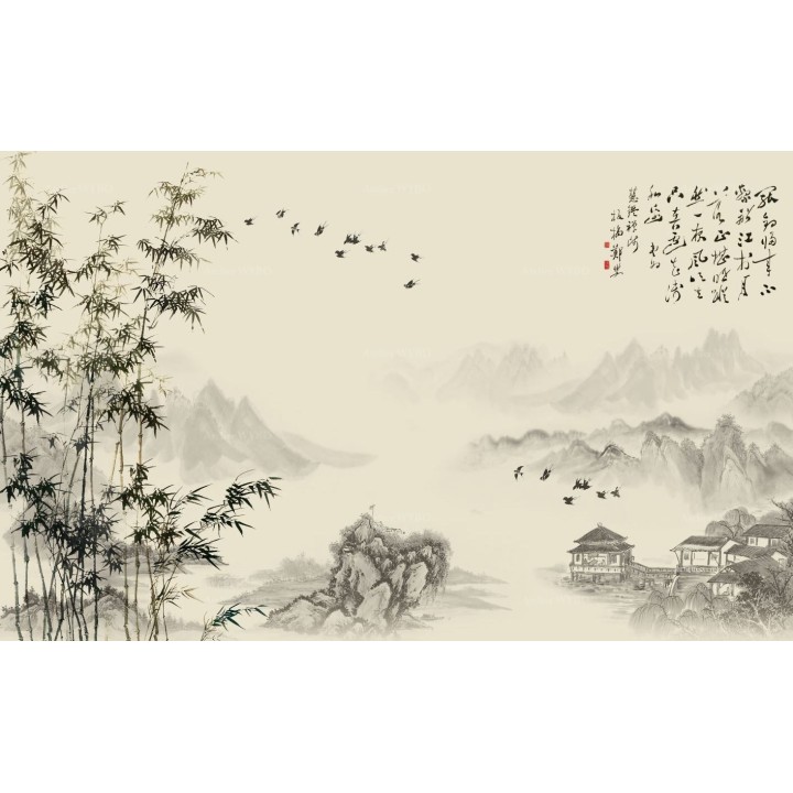 Toile enrouleur noir et blanc effet sépia - Paysage avec bambous, oiseaux et calligraphie