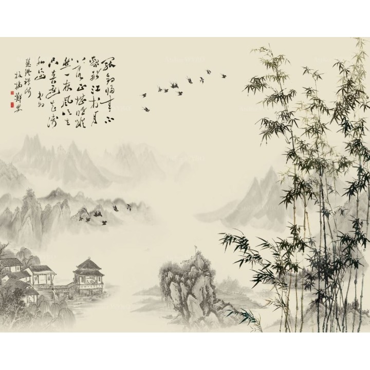 Toile enrouleur noir et blanc effet sépia - Paysage avec bambous, oiseaux et calligraphie