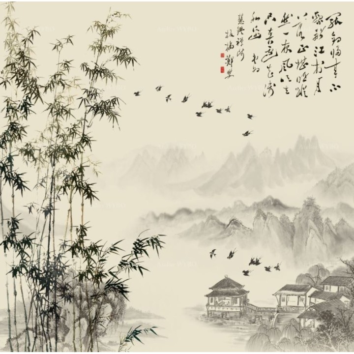 Toile enrouleur noir et blanc effet sépia - Paysage avec bambous, oiseaux et calligraphie
