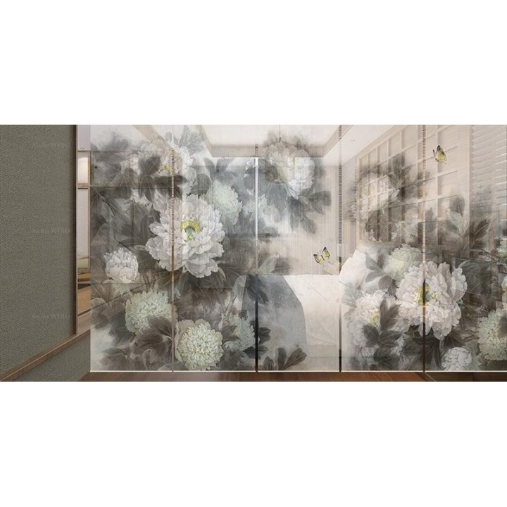 Rideau séparateur floral issu d'une peinture à l'encre - Les pivoines blanches et les papillons