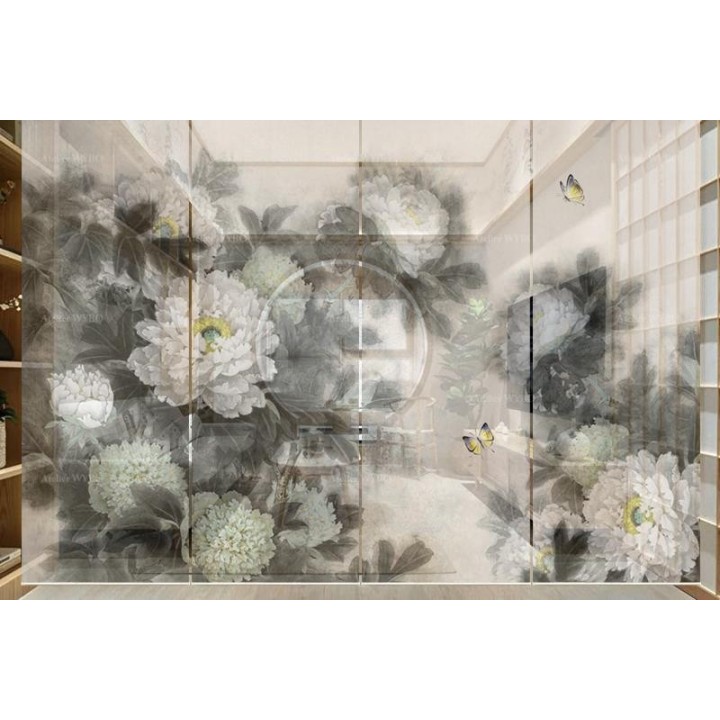Rideau séparateur floral issu d'une peinture à l'encre - Les pivoines blanches et les papillons