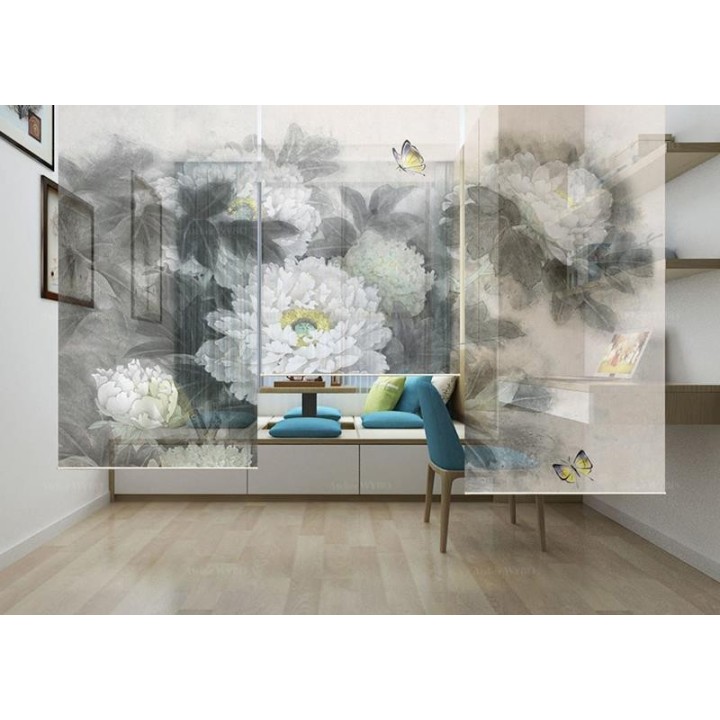 Rideau séparateur floral issu d'une peinture à l'encre - Les pivoines blanches et les papillons