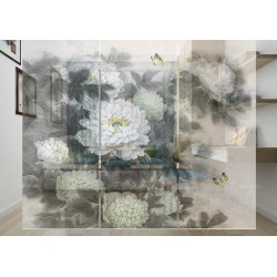 Rideau séparateur floral issu d'une peinture à l'encre - Les pivoines blanches et les papillons
