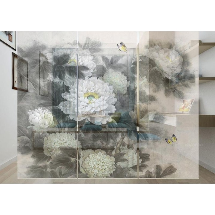 Rideau séparateur floral issu d'une peinture à l'encre - Les pivoines blanches et les papillons
