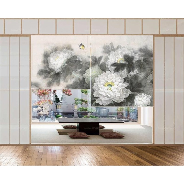 Rideau séparateur floral issu d'une peinture à l'encre - Les pivoines blanches et les papillons