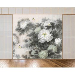 Rideau séparateur floral issu d'une peinture à l'encre - Les pivoines blanches et les papillons