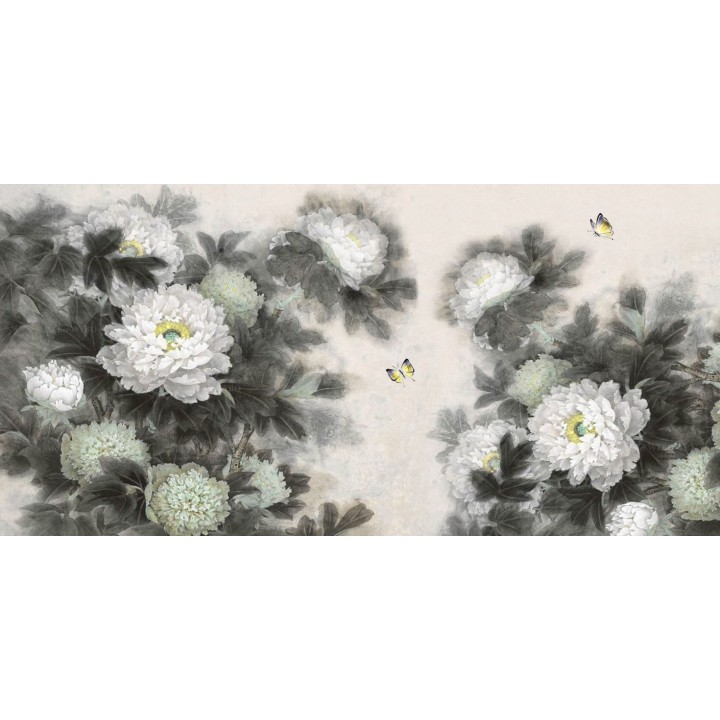 Rideau séparateur floral issu d'une peinture à l'encre - Les pivoines blanches et les papillons