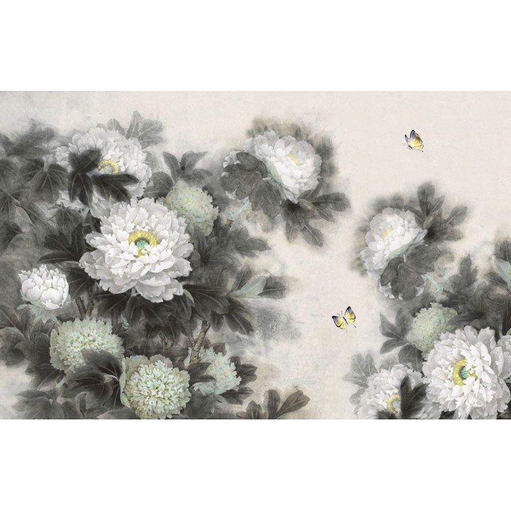 Rideau séparateur floral issu d'une peinture à l'encre - Les pivoines blanches et les papillons