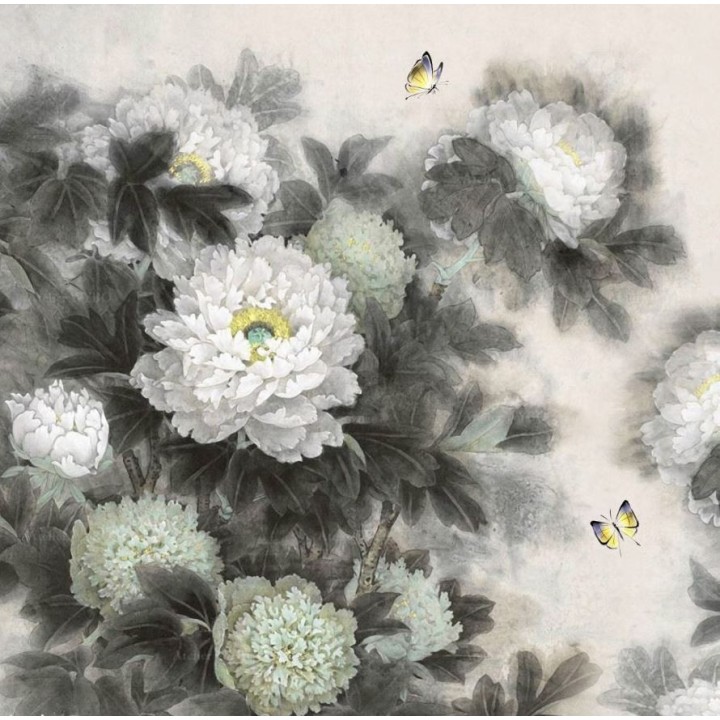 Rideau séparateur floral issu d'une peinture à l'encre - Les pivoines blanches et les papillons