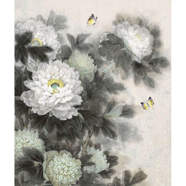 Rideau séparateur floral issu d'une peinture à l'encre - Les pivoines blanches et les papillons