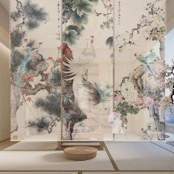 Paravent fleurs et oiseaux issu de peinture à l'encre de Chine - Phénix blanc, perroquets verts, magnolia, pivoine