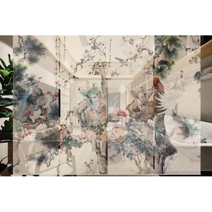 Paravent fleurs et oiseaux issu de peinture à l'encre de Chine - Phénix blanc, perroquets verts, magnolia, pivoine