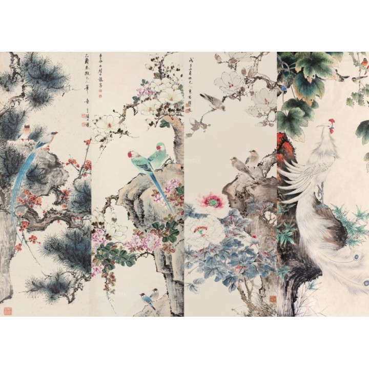 Paravent fleurs et oiseaux issu de peinture à l'encre de Chine - Phénix blanc, perroquets verts, magnolia, pivoine