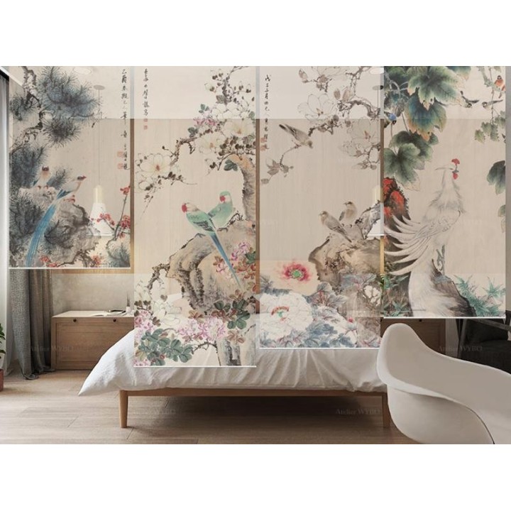 Paravent fleurs et oiseaux issu de peinture à l'encre de Chine - Phénix blanc, perroquets verts, magnolia, pivoine