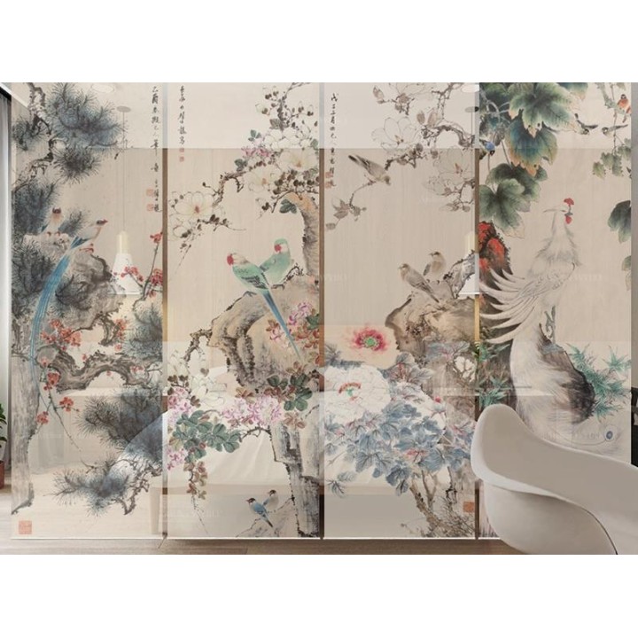 Paravent fleurs et oiseaux issu de peinture à l'encre de Chine - Phénix blanc, perroquets verts, magnolia, pivoine