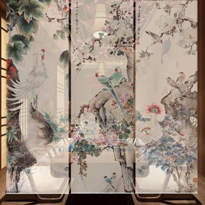 Paravent fleurs et oiseaux issu de peinture à l'encre de Chine - Phénix blanc, perroquets verts, magnolia, pivoine