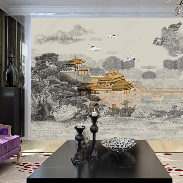 Panneau japonais paysage niveau de gris, bâtiment traditionnel couleur jaune impérial