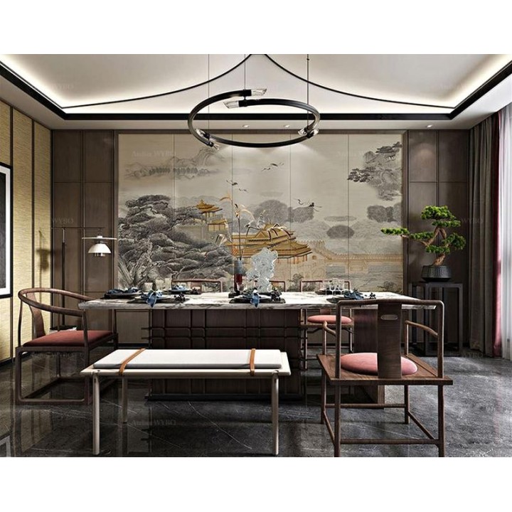 Panneau japonais paysage niveau de gris, bâtiment traditionnel couleur jaune impérial