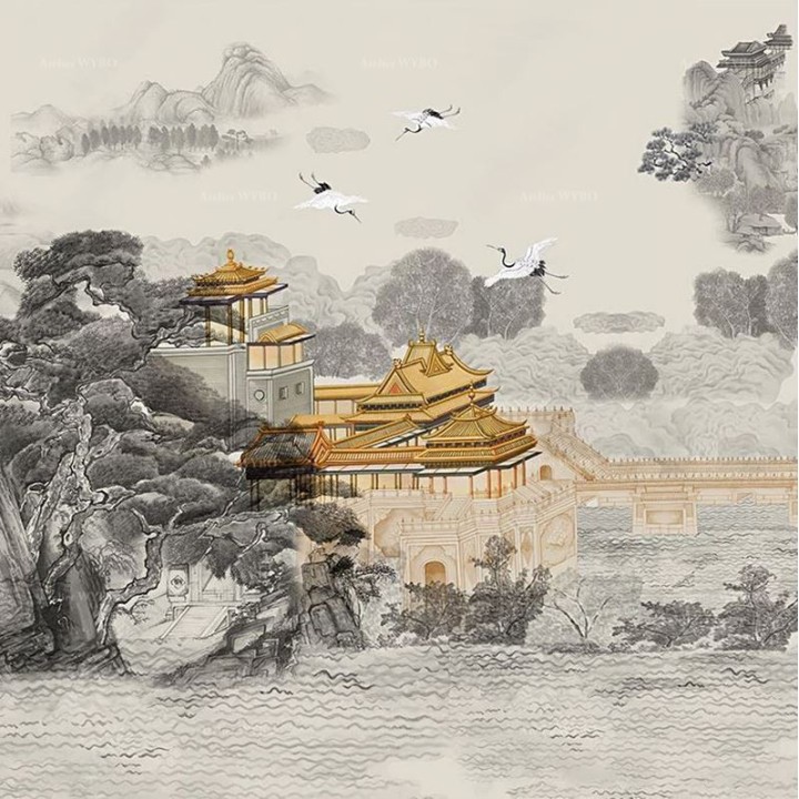 Panneau japonais paysage niveau de gris, bâtiment traditionnel couleur jaune impérial