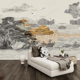 Panneau japonais paysage niveau de gris, bâtiment traditionnel couleur jaune impérial