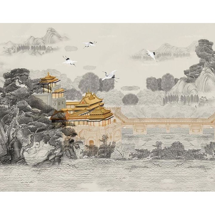 Panneau japonais paysage niveau de gris, bâtiment traditionnel couleur jaune impérial