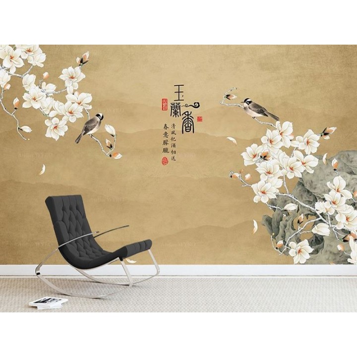 Magnolia blanc et oiseaux sur fond jaune sable, aspect ancien