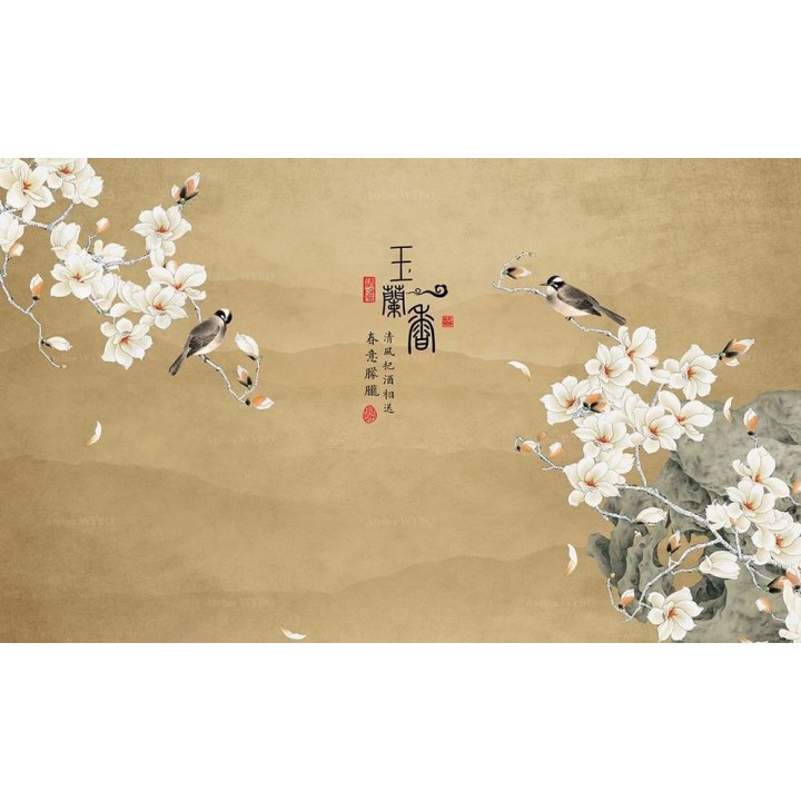 Magnolia blanc et oiseaux sur fond jaune sable, aspect ancien