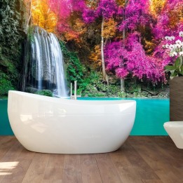 Panneau hydrofuge paysage nature - Chute d'eau et étang turquoise dans la forêt colorée