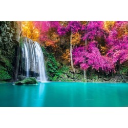 Panneau hydrofuge paysage nature - Chute d'eau et étang turquoise dans la forêt colorée