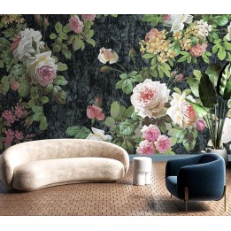 Papier peint d'artiste mur floral design vintage - Les rosiers sur fond gris foncé