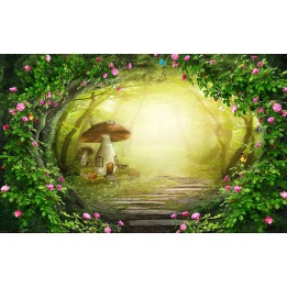 papier peint fantasie pour fille maison champignon chamin rosier forêt