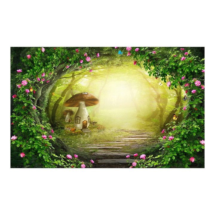 papier peint fantasie pour fille maison champignon chamin rosier forêt