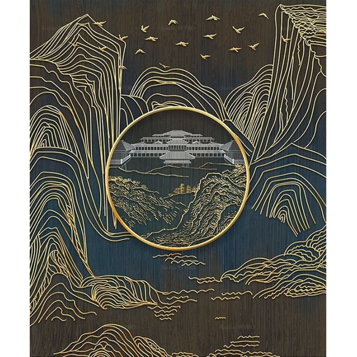 Panneau japonais effet bas relief traits dorés - Paysage de la montagne et édifice ancienne