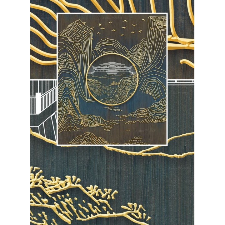 Panneau japonais effet bas relief traits dorés - Paysage de la montagne et édifice ancienne