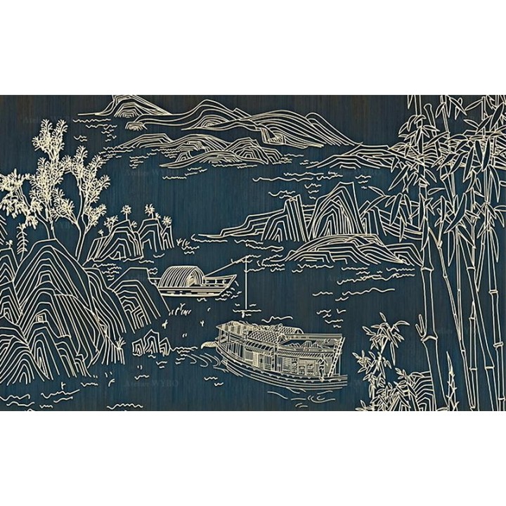 Paysage japonais composé par des traits abstraits, fond bleu-vert foncé - Bateaux sur rivière, montagne et bambous