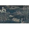 Paysage japonais composé par des traits abstraits, fond bleu-vert foncé - Bateaux sur rivière, montagne et bambous