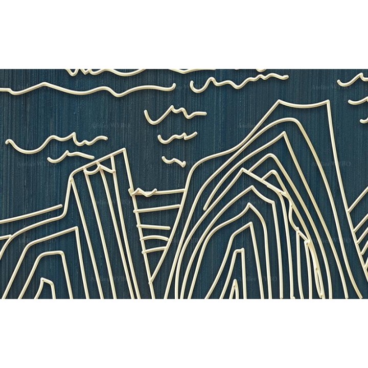 Paysage japonais composé par des traits abstraits, fond bleu-vert foncé - Bateaux sur rivière, montagne et bambous