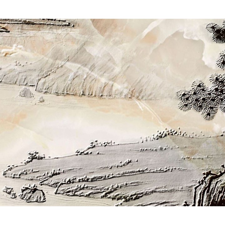 Vie de la campagne - Lac et chute d'eau dans la montagne, ton sépia, effet bas relief sculpté sur marbre